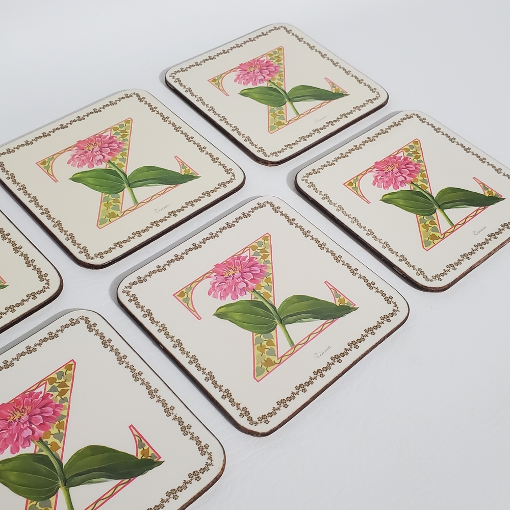 Vintage Pimpernel Pink Zinnia Floral Letter Z Cork Coaster Set of 6